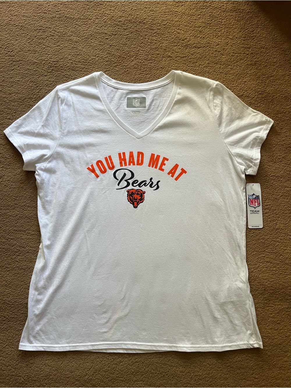NFL White V-Neck Tee with Orange and Black Bears Graphic